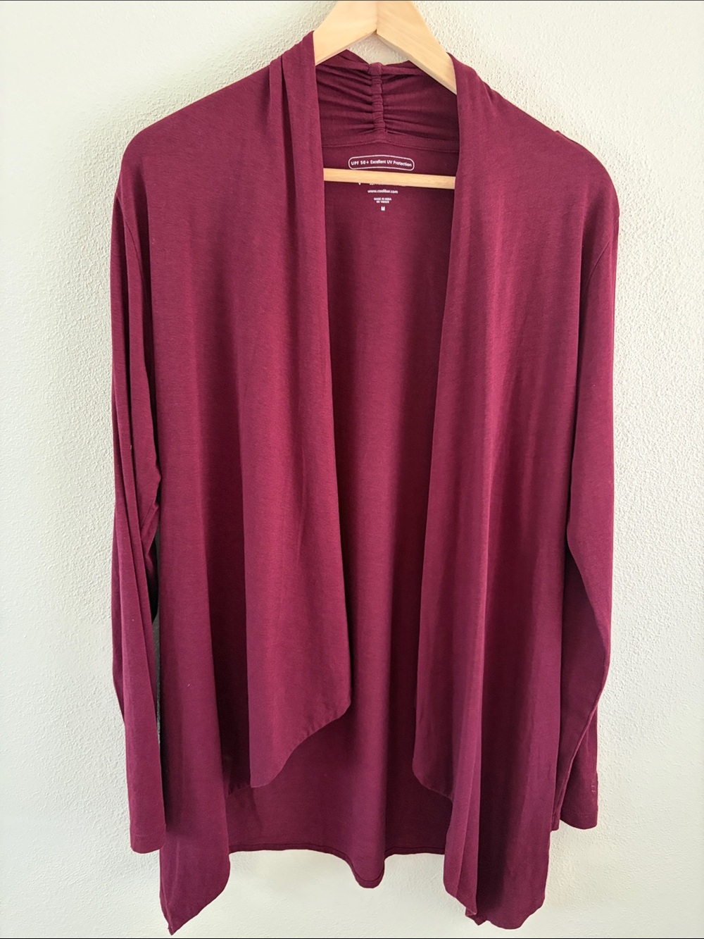 Coolibar SPF 50+ sun protection open front cardigan burgundy | size medium